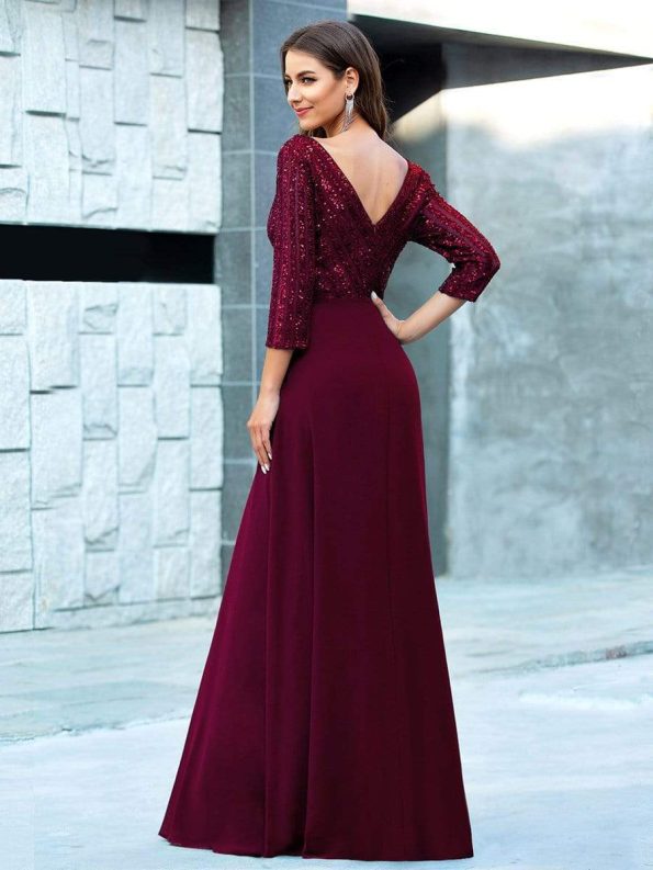 Sexy V Neck Sequin Evening Dresses with 3/4 Sleeve - Burgundy