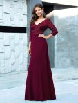 Sexy V Neck Sequin Evening Dresses with 3/4 Sleeve – Burgundy