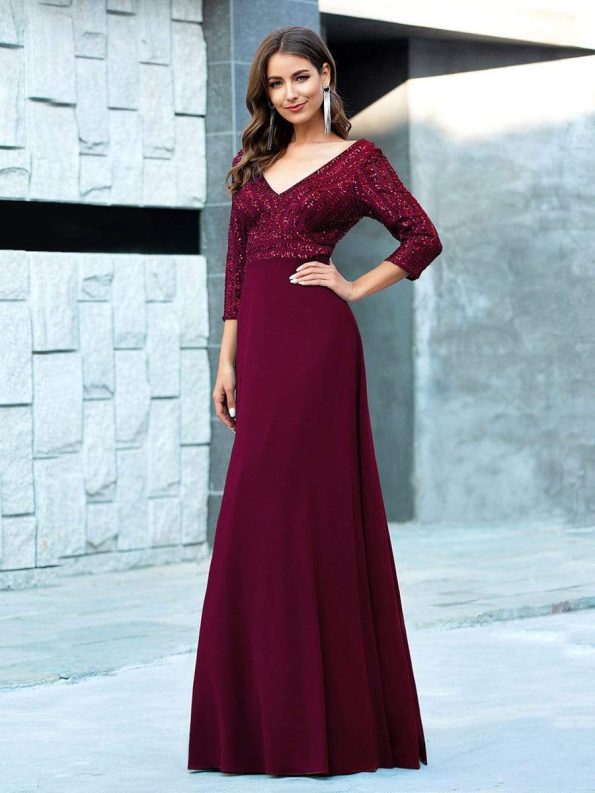 Sexy V Neck Sequin Evening Dresses with 3/4 Sleeve - Burgundy