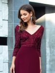 Sexy V Neck Sequin Evening Dresses with 3/4 Sleeve – Burgundy