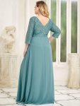 Plus Size V Neck A-Line Sequin Formal Evening Dress with Sleeve – Dusty Blue