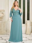 Plus Size V Neck A-Line Sequin Formal Evening Dress with Sleeve – Dusty Blue