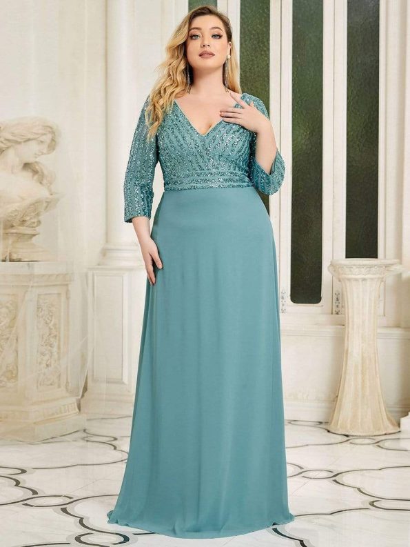 Plus Size V Neck A-Line Sequin Formal Evening Dress with Sleeve - Dusty Blue