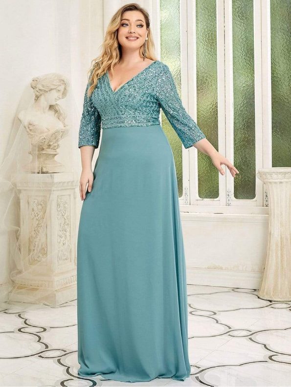 Plus Size V Neck A-Line Sequin Formal Evening Dress with Sleeve - Dusty Blue