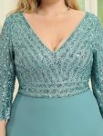 Plus Size V Neck A-Line Sequin Formal Evening Dress with Sleeve – Dusty Blue