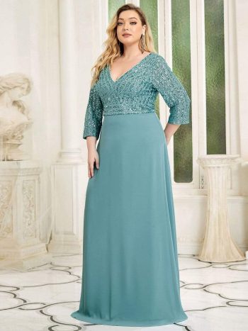 Plus Size V Neck A-Line Sequin Formal Evening Dress with Sleeve - Dusty Blue