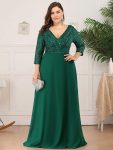 Plus Size V Neck A-Line Sequin Formal Evening Dress with Sleeve – Dark Green