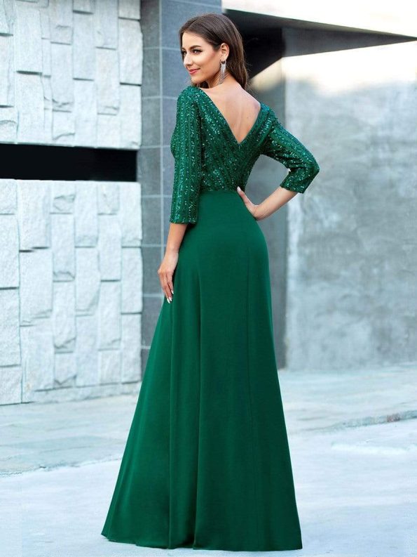 Sexy V Neck Sequin Evening Dresses with 3/4 Sleeve - Dark Green