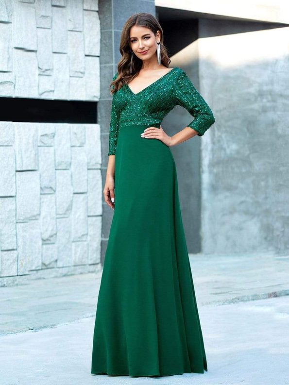 Sexy V Neck Sequin Evening Dresses with 3/4 Sleeve - Dark Green