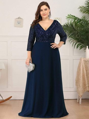 Plus Size V Neck A-Line Sequin Formal Evening Dress with Sleeve - Navy Blue