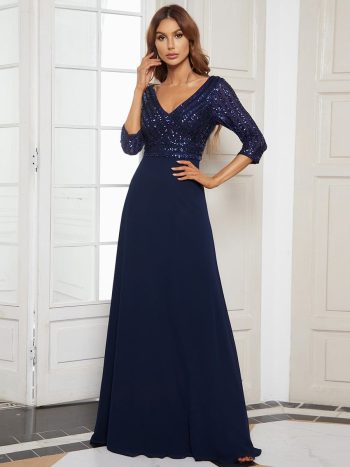 Sexy V Neck Sequin Evening Dresses with 3/4 Sleeve - Navy Blue