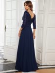 Sexy V Neck Sequin Evening Dresses with 3/4 Sleeve – Navy Blue