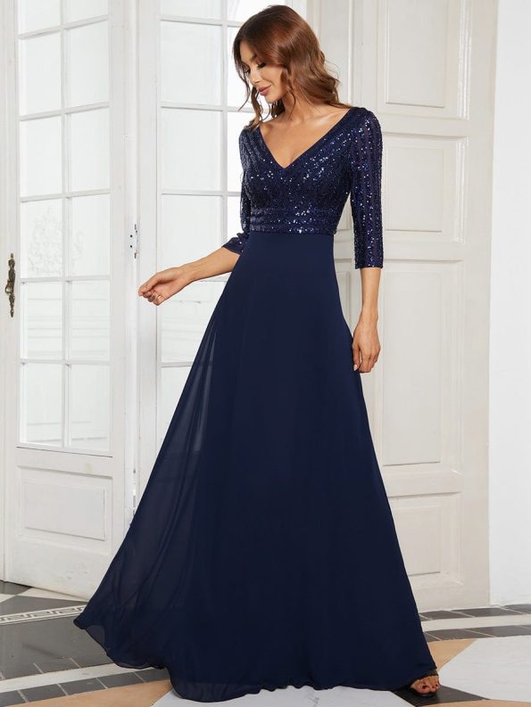 Sexy V Neck Sequin Evening Dresses with 3/4 Sleeve - Navy Blue