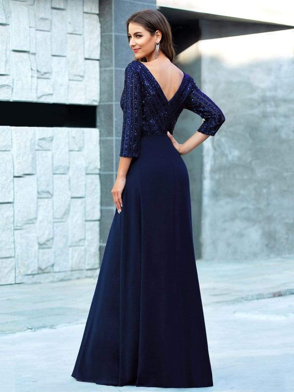 Sexy V Neck Sequin Evening Dresses with 3/4 Sleeve - Navy Blue