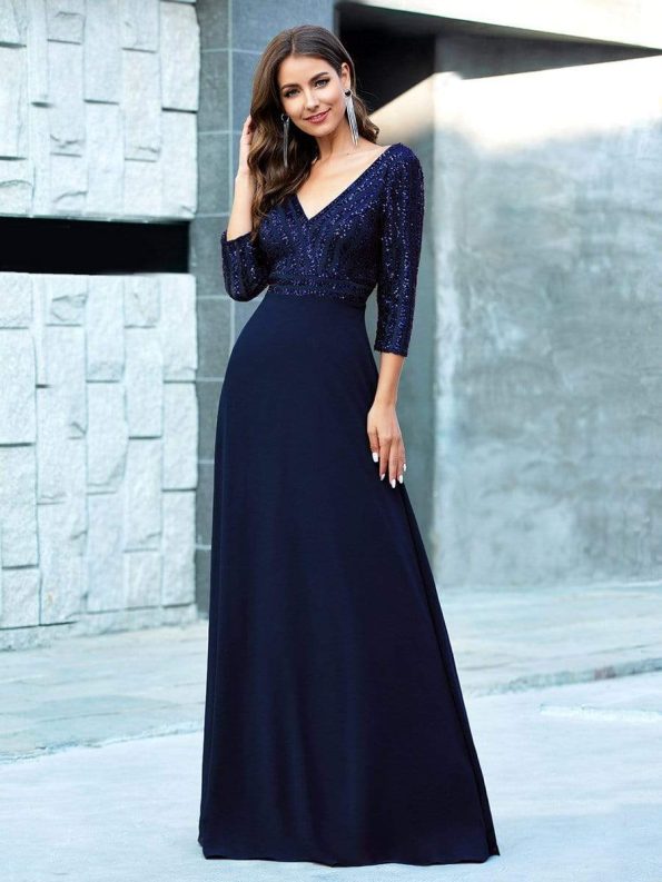 Sexy V Neck Sequin Evening Dresses with 3/4 Sleeve - Navy Blue