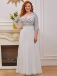 Plus Size V Neck A-Line Sequin Formal Evening Dress with Sleeve – White