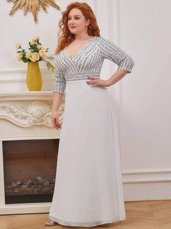 Plus Size V Neck A-Line Sequin Formal Evening Dress with Sleeve - White