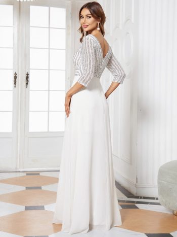 Sexy V Neck Sequin Evening Dresses with 3/4 Sleeve - White