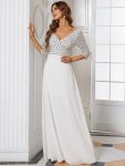 Sexy V Neck Sequin Evening Dresses with 3/4 Sleeve - White