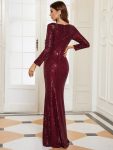 Shiny V Neck Sequin Long Sleeves Evening Dress – Burgundy