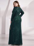 Shiny V Neck Sequin Long Sleeves Evening Dress – Dark Green