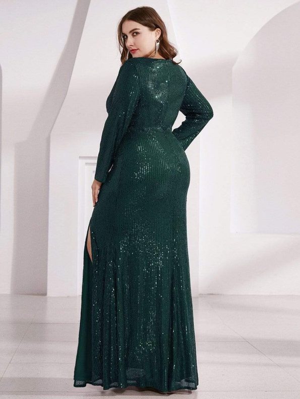 Shiny V Neck Sequin Long Sleeves Evening Dress - Dark Green