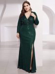 Shiny V Neck Sequin Long Sleeves Evening Dress – Dark Green