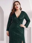 Shiny V Neck Sequin Long Sleeves Evening Dress – Dark Green