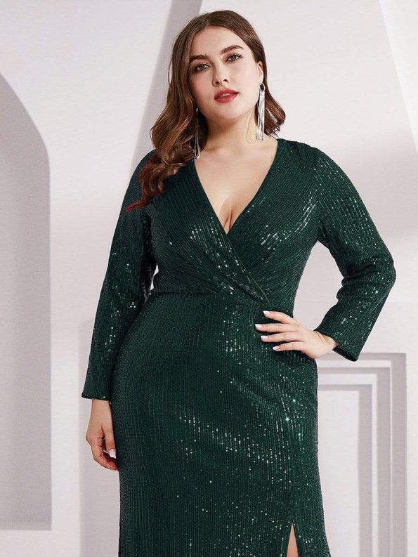 Shiny V Neck Sequin Long Sleeves Evening Dress - Dark Green