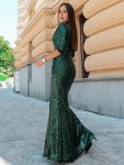 Shiny V Neck Sequin Long Sleeves Evening Dress – Dark Green