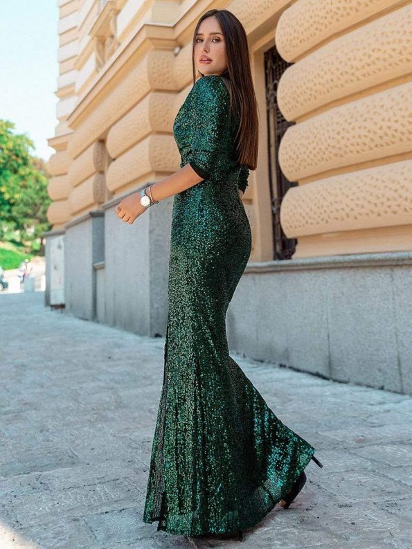 Shiny V Neck Sequin Long Sleeves Evening Dress - Dark Green