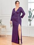 Shiny V Neck Sequin Long Sleeves Evening Dress – Dark Purple