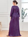 Shiny V Neck Sequin Long Sleeves Evening Dress – Dark Purple