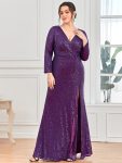 Shiny V Neck Sequin Long Sleeves Evening Dress – Dark Purple