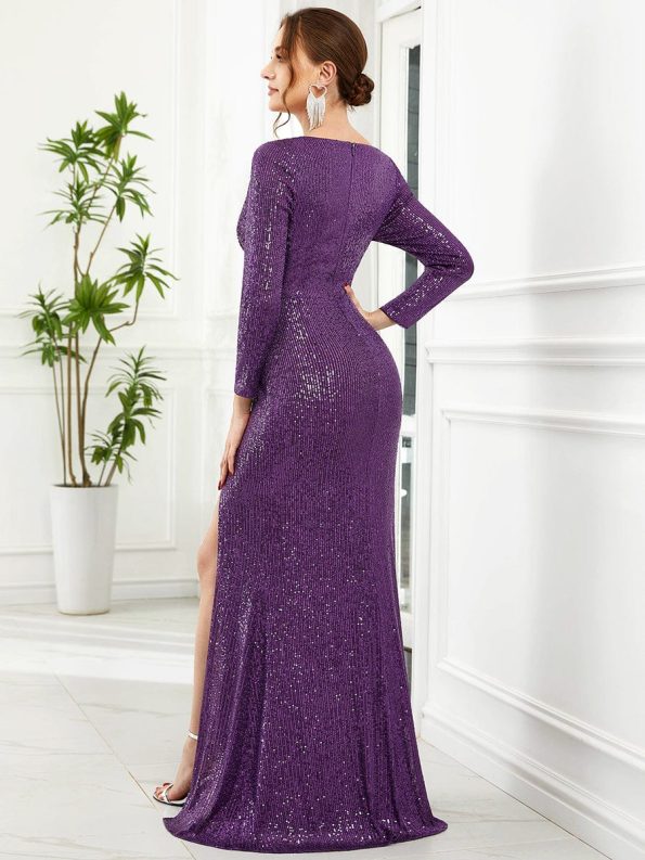 Shiny V Neck Sequin Long Sleeves Evening Dress - Dark Purple