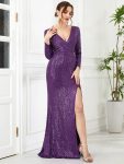 Shiny V Neck Sequin Long Sleeves Evening Dress – Dark Purple