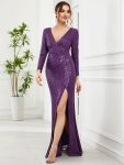 Shiny V Neck Sequin Long Sleeves Evening Dress – Dark Purple