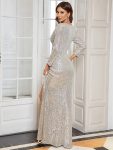 Shiny V Neck Sequin Long Sleeves Evening Dress – Champagne