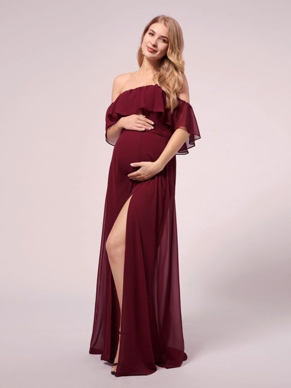 Maxi Chiffon Off the Shoulder Ruffled Maternity Evening Dress - Burgundy