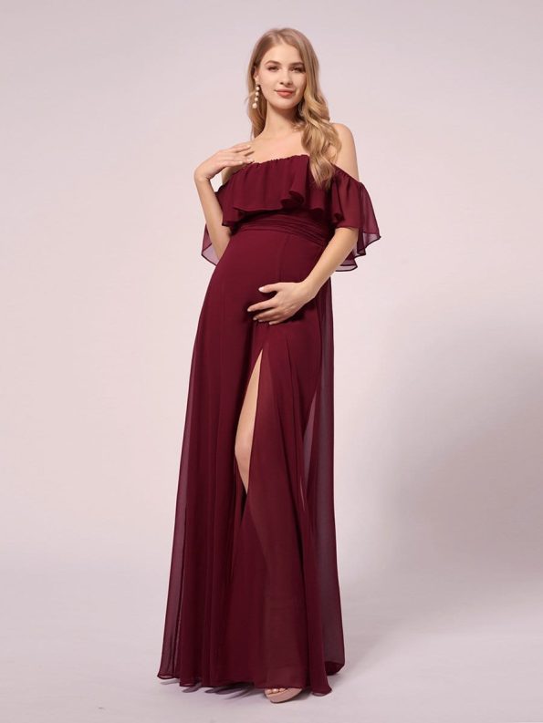 Maxi Chiffon Off the Shoulder Ruffled Maternity Evening Dress - Burgundy