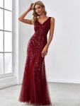 Women’s Double V-Neck Fishtail Sequin Evening Dress – Burgundy