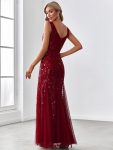 Women’s Double V-Neck Fishtail Sequin Evening Dress – Burgundy