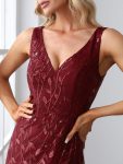 Women’s Double V-Neck Fishtail Sequin Evening Dress – Burgundy