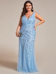 Plus Size Double V-Neck Fishtail Sequin Formal Maxi Evening Dress – Sky Blue