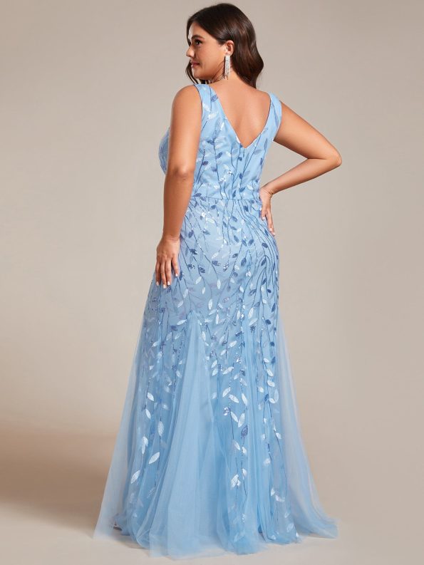 Plus Size Double V-Neck Fishtail Sequin Formal Maxi Evening Dress - Sky Blue