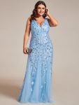 Plus Size Double V-Neck Fishtail Sequin Formal Maxi Evening Dress – Sky Blue