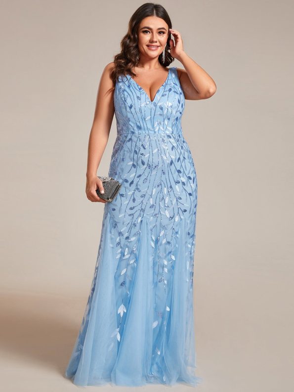 Plus Size Double V-Neck Fishtail Sequin Formal Maxi Evening Dress - Sky Blue