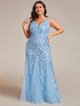 Plus Size Double V-Neck Fishtail Sequin Formal Maxi Evening Dress – Sky Blue