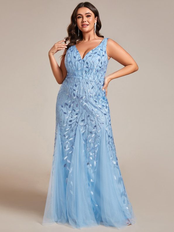 Plus Size Double V-Neck Fishtail Sequin Formal Maxi Evening Dress - Sky Blue