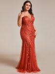 Plus Size Double V-Neck Fishtail Sequin Formal Maxi Evening Dress – Burnt Orange